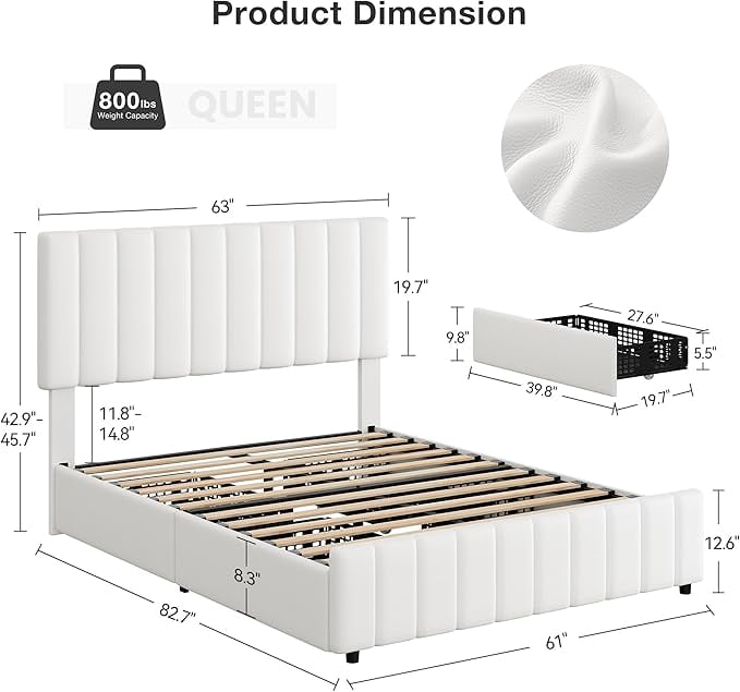 QUEEN Size Storage Bed Frame, Vertical Channel Tufted Adjustable Headboard, Linen Upholstered Platform Bed with 4 Oversized Underbed Drawers, Wooden Slats Support, No Box Spring Needed, Noise-Free