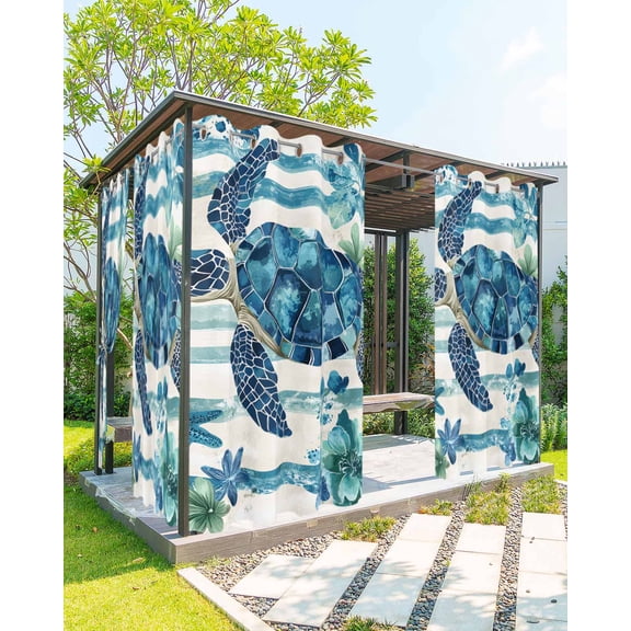 nqOlkjepod Outdoor Curtains for Patio Waterproof, Teal Blue Turtle Coastal Outdoor Privacy Panels Grommet, Vintage Stripe Botanical Beach Blackout Outside Curtains for Porch/Cabana 54"x84", 1 Panel