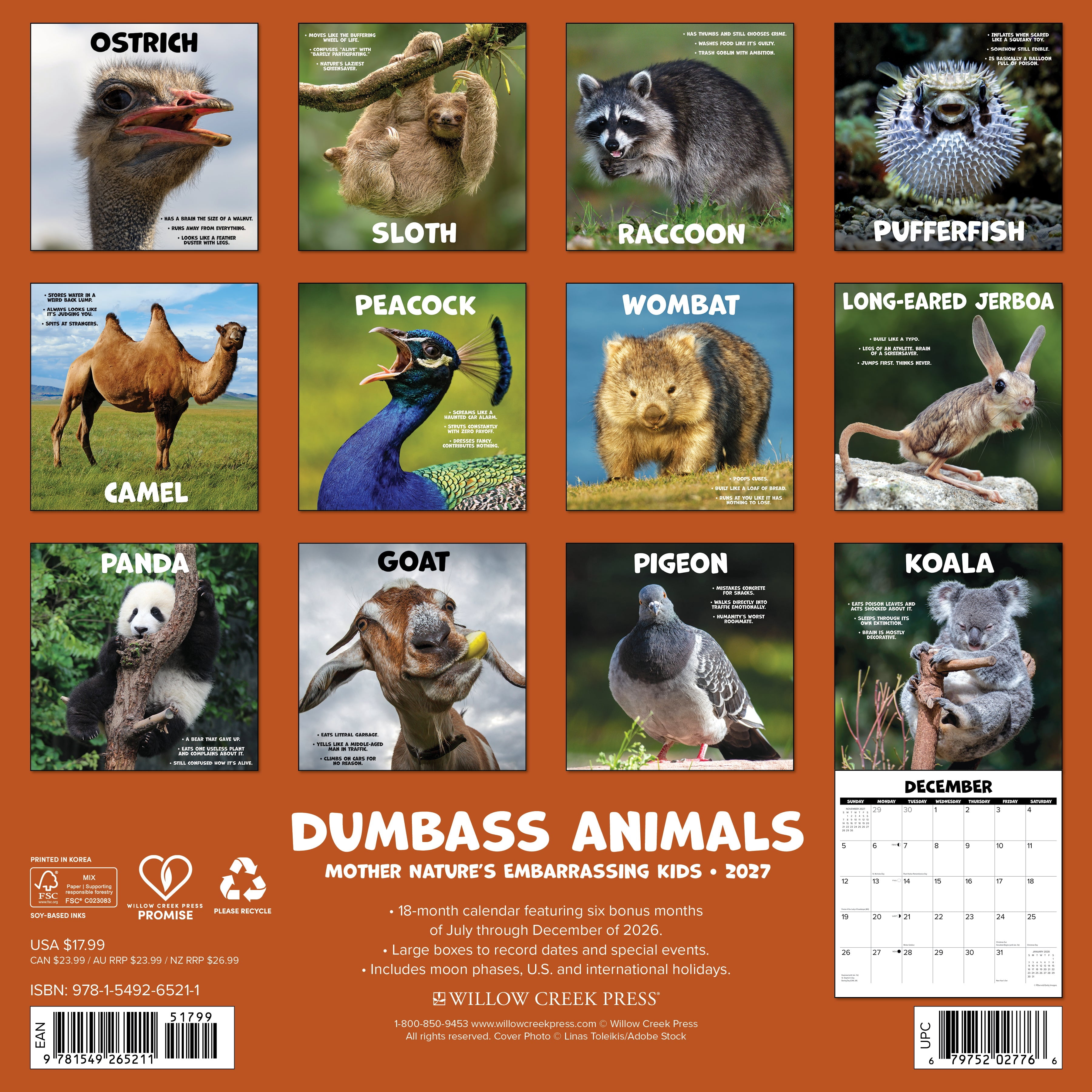 Willow Creek Press, Dumbass Animals 2027 Wall Calendar