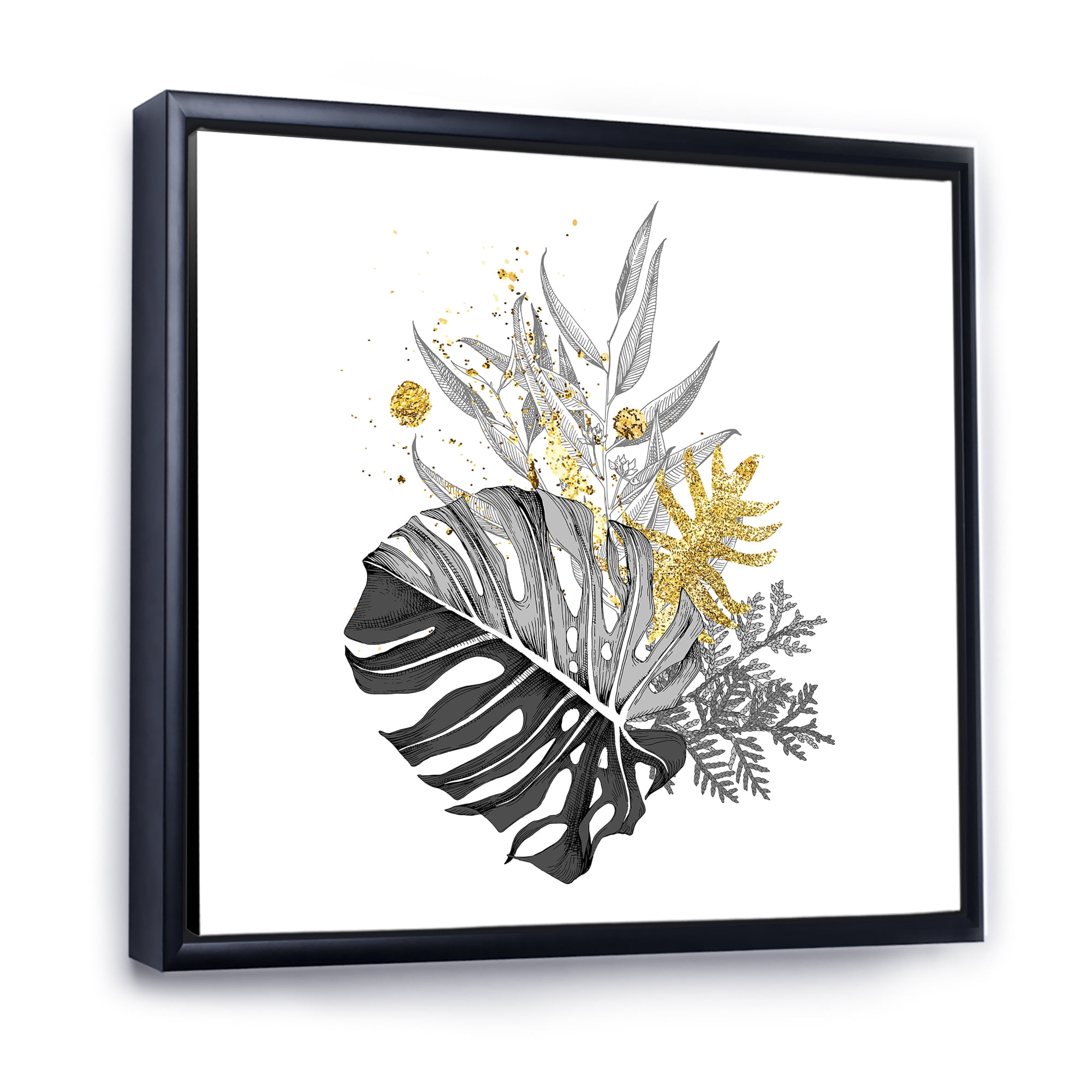 Designart 'Bouquet With Golden Tropical Leaves and Monochrome' Tropical Framed Canvas Wall Art Print