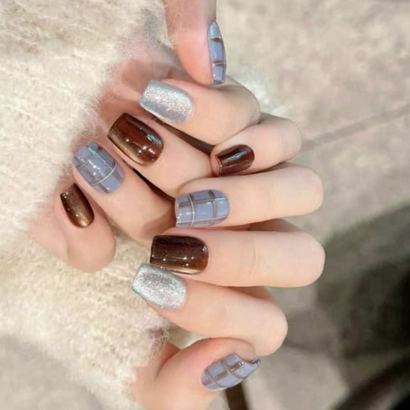 KUFptva Cats Eyes Press on Nails Plaids Square Acrylic Fake Nails Reusable Stick on Nails for DIYS Nails Art Manicure Decoration