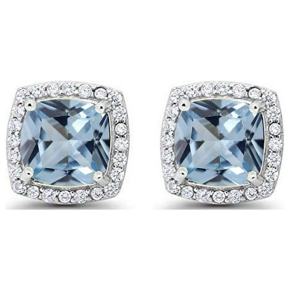 Paris Jewelry Aretes de Aguamarina de Talla Princesa con Halo Creado de 4 Pza en Oro Blanco de 18 Pza