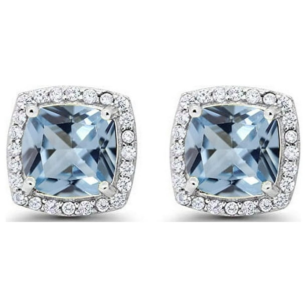 Paris Jewelry Aretes de Aguamarina de Talla Princesa con Halo Creado de 4 Pza en Oro Blanco de 18 Pza