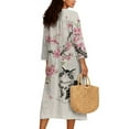 thumbnail image 2 of COEQINE Women's Midi Dress 3/4 Sleeve Wrap V-Neck Oriental Casual Sundress, Loose Fit Linen-Like Calf Length Tunic Dress for Women, Machine Washable, Size S, Ink Cat Peach Blossom, 2 of 6