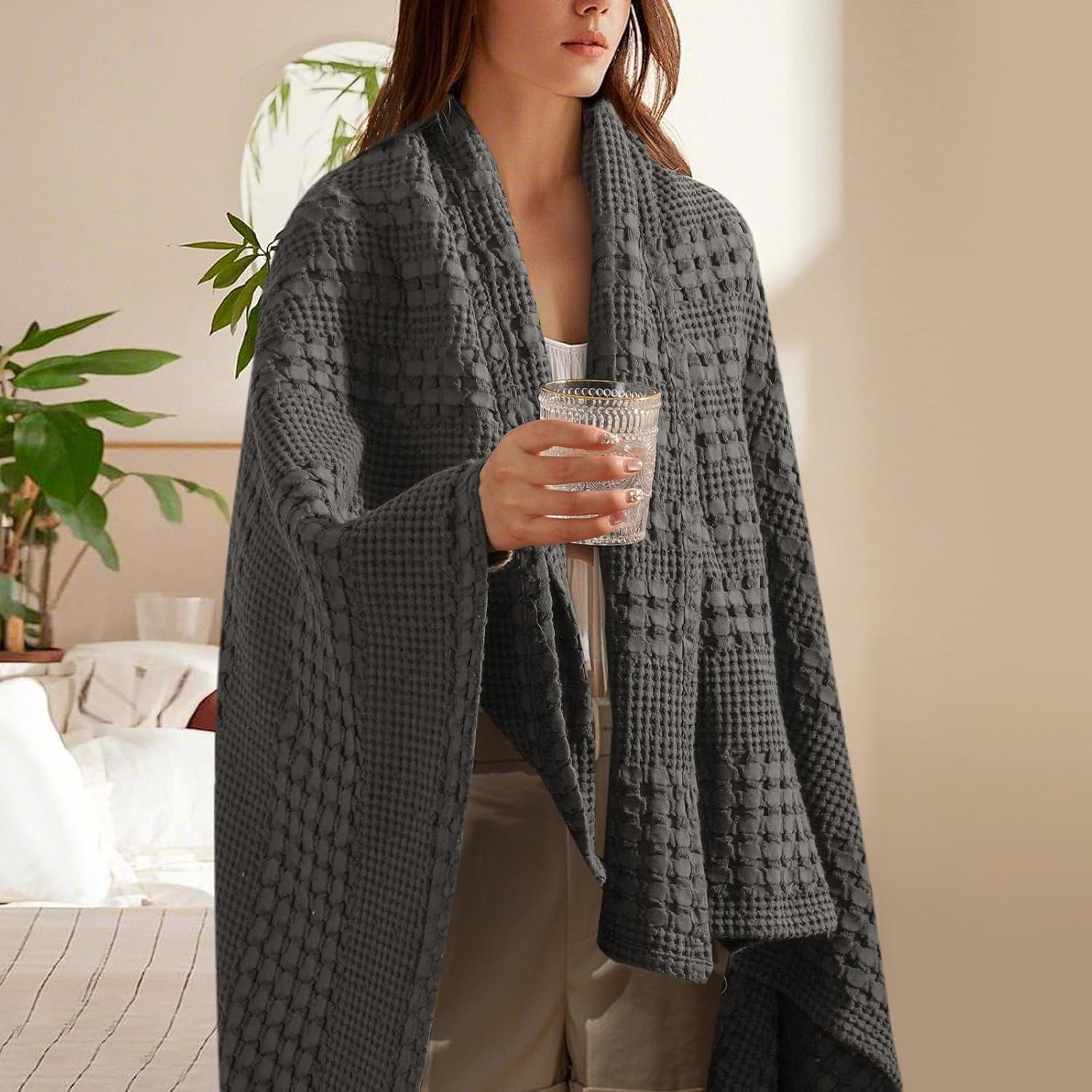 PHF 100% Cotton Waffle Weave Blanket, Lightweight Throw Washed Blanket for Bed Sofa Home Decor, Charcoal Grey, 50"x60"