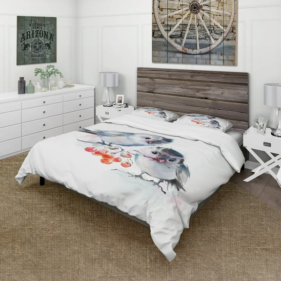 Designart 'Birds on Branch With Red Berries' Animal Duvet Cover Set