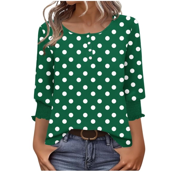 CHGBMOK Womens Polka Dots 3/4 Sleeve Blouses Button On Crew Neck T Shirts Casual Dressy Tops Going Out Outfit