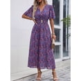 thumbnail image 3 of Purple Floral Wrap Maxi Dress With V-Neck Short Sleeves Belted Waist Flared Hem, 3 of 7