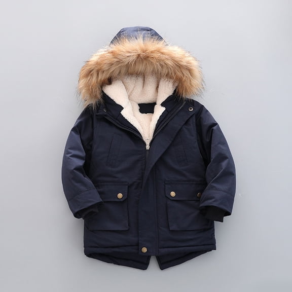 Boys Puffer Jacket Fleece Lined Winter Coats Kids Parka Thicken Outwear Cozy Hooded Jacket Kids Windproof Clothes Pockets Navy 9-10 Years