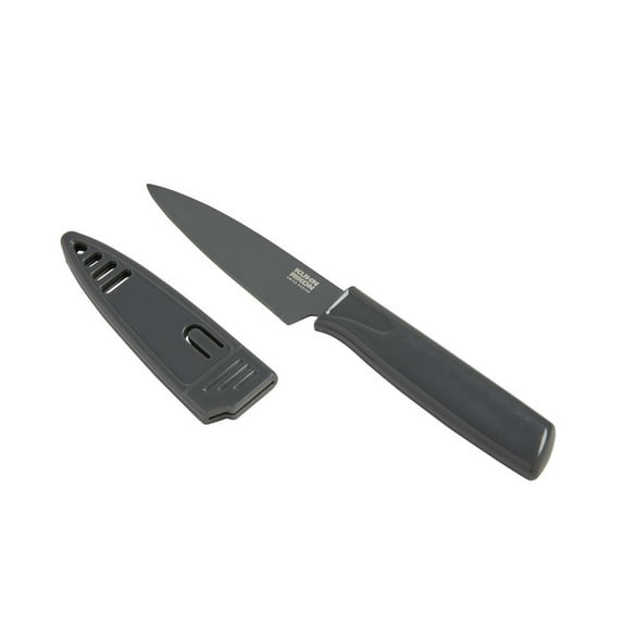 Kuhn Rikon Colori Non-Stick Straight Paring Knife with Safety Sheath, 4 inch, Gray