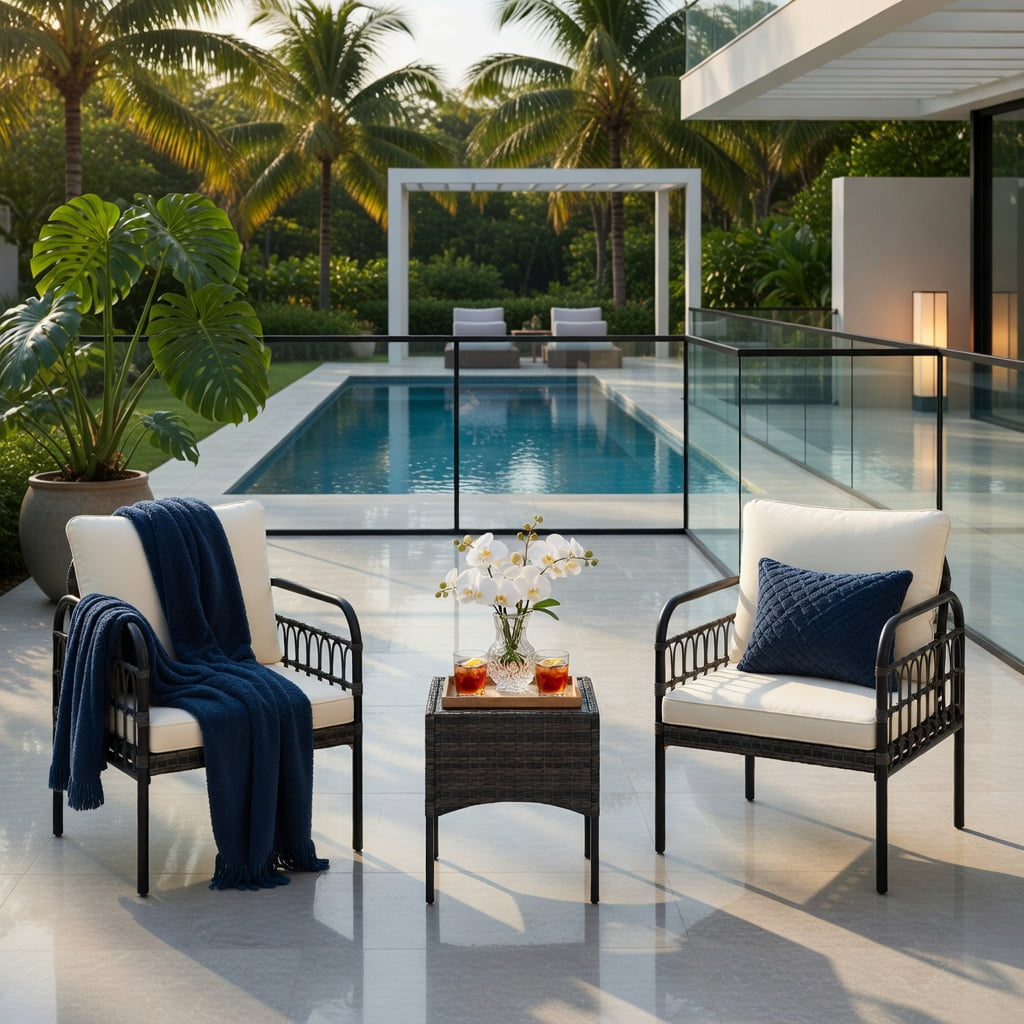 Hommoo 3-Piece Outdoor Wicker Patio Conversation Set with Tempered Glass Coffee Table, Cushioned Chairs & Rust-Resistant Metal Frame, Brown