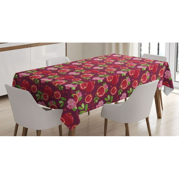 Fruits Tablecloth, Natural Themed Continuous Pattern of Pomegranate Slices Flowers and Leaves, Rectangle Satin Table Cover for Dining Room and Kitchen, 60" X 84", Pink and Multicolor, by Ambesonne