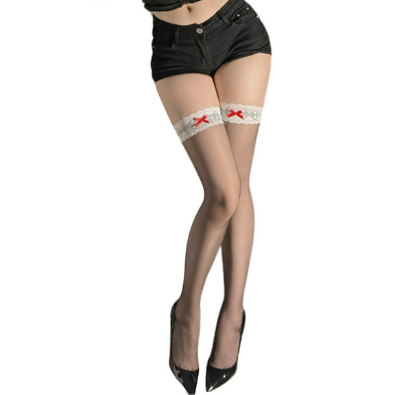 Yoetaun Thigh High Stockings with Silicone Sheer Lace Top Stays Up Pantyhose for Women Girls Nylon Stockings Over The Knee Socks White