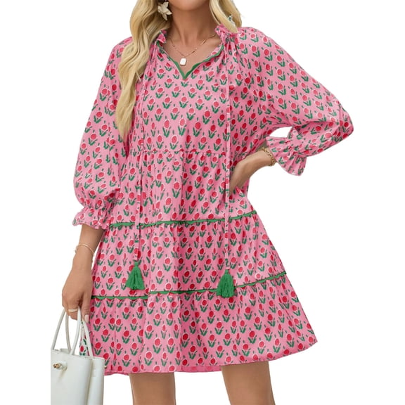 Floral Print Loose Long Sleeved Women V-neck Ruffle Tassel Mini Dress