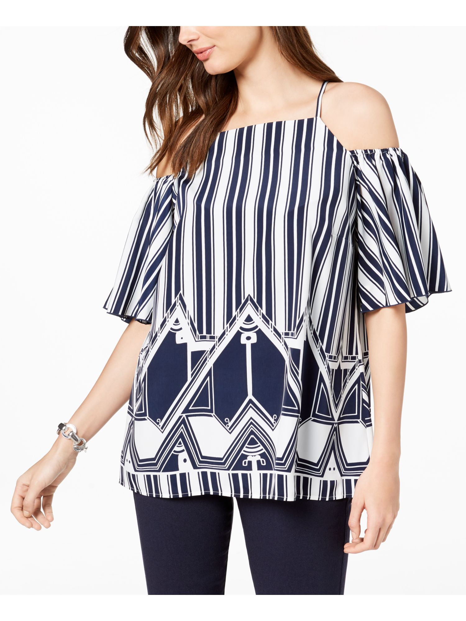 Alfani ALFANI Womens Navy Cold Shoulder Printed Short Sleeve Square