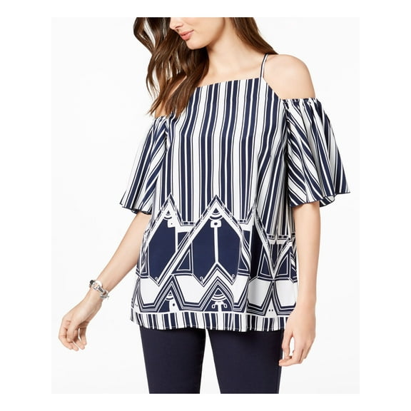 ALFANI $69 Womens New 1507 Navy Printed Cold Shoulder Short Sleeve Top S B B