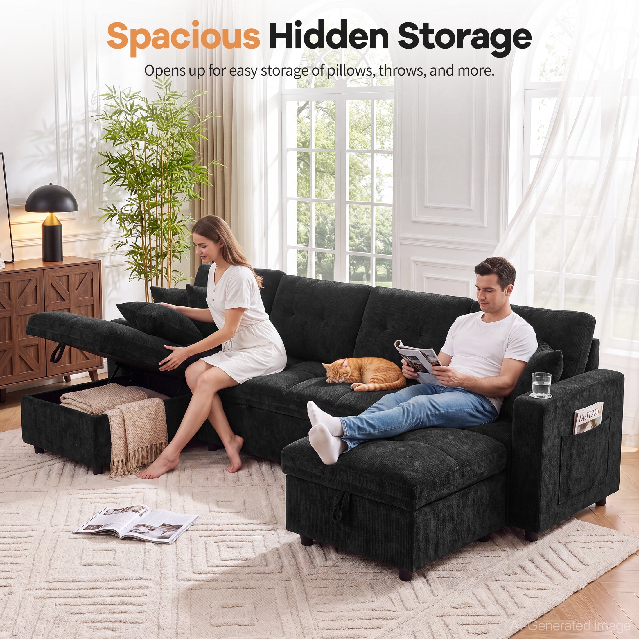 Aenkyo 108" Chenille U-Shaped Sectional Pull Out Sofa Bed with Dual Storage Chaises, Black
