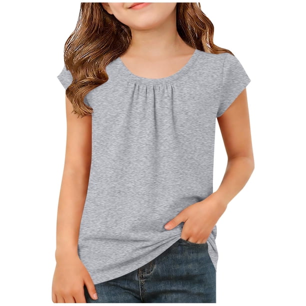 Camiseta Plegada de Color Sólido Estilo de Vestido de Verano de Manga Corta para Niños con Cuello Redondo Y Detalle Encofrado, Punto Suave Transpirable para Niños Primavera Y Uso Diario