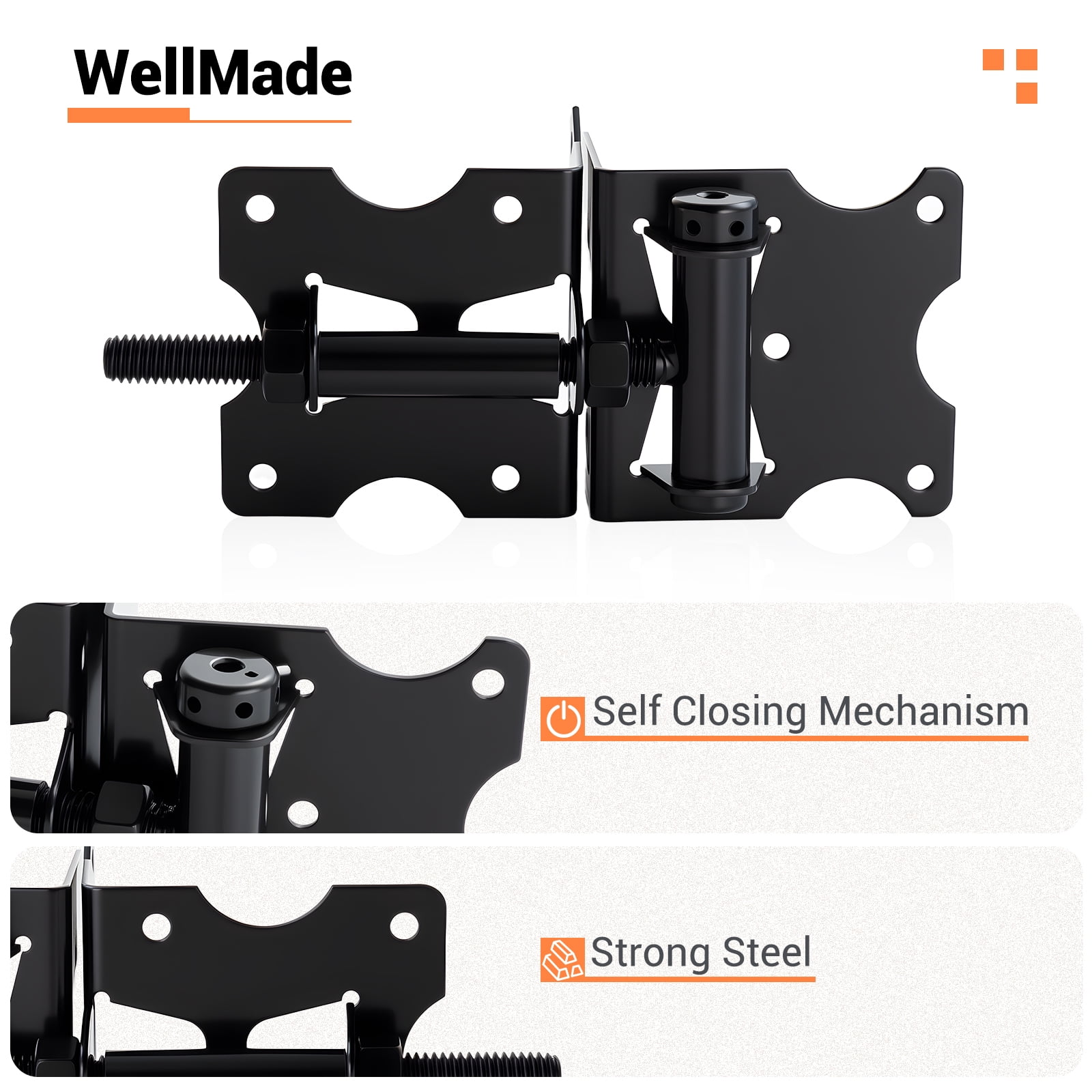 WellMade 2 Pack Heavy Duty Self Closing Gate Hinges，Adjustable Vinyl Gate Hinges with Screws and Swing Adjuster Tool，Black