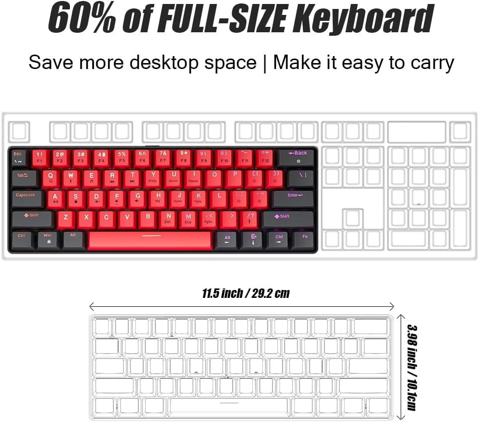60% Mechanical Gaming Keyboard Balck Wired Compact Keyboard Anti-Ghosting No-Conflict 61 Swappable keycaps Design for Windows/