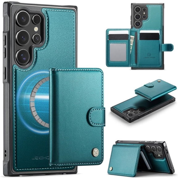 JEEHOOD Case For Samsung Galaxy S26 Ultra 5G, RFID Blocking Compatible With MagSafe Detachable 2 In 1 Wallet With Snap fastening Card Holder,PU Leather Case,Kickstand Magnetic Protective Cover,Blue