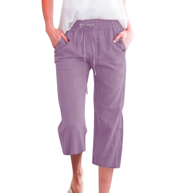 Pantalon Ample en Lin Uni pour Femmes, 7/8, avec Poches