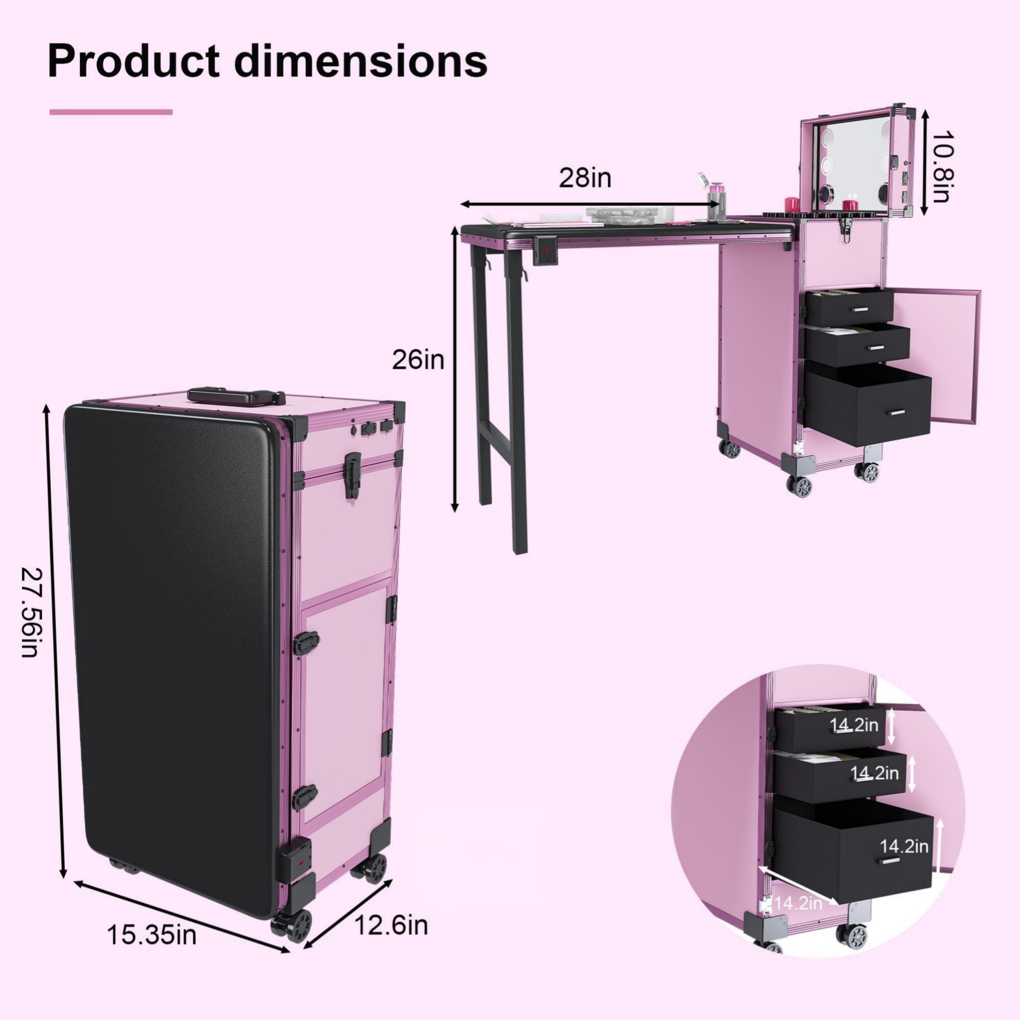 AENKYO All-in-One Portable Nail Table w/ LED Mirror, Bluetooth Speaker | Salon & Home Manicure Station, Black with Pink