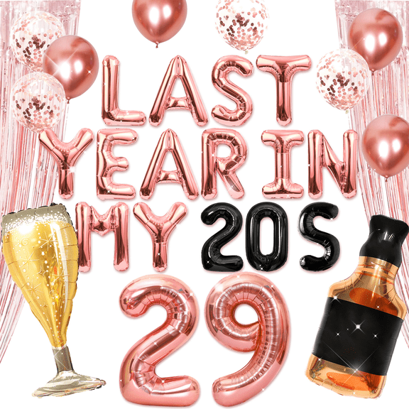 29th Birthday Decoration Set - Rose Gold Foil Balloon Fringe Curtain Backdrop for 29th Anniversary Celebration Party Decoration