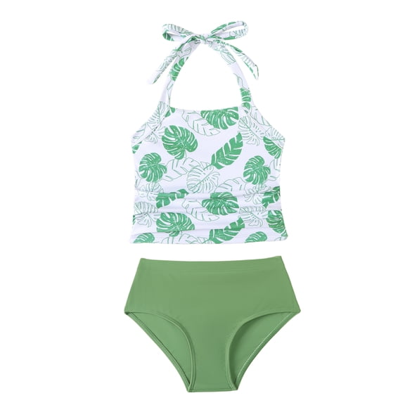 Kucnuzki 4T Toddler Girl Swimsuit Set 5T Child Gilrs Bathing Suit Halter Leaves Top Bottoms 2pcs Bikini Set Summer Beach Breathable Tankini Set Green
