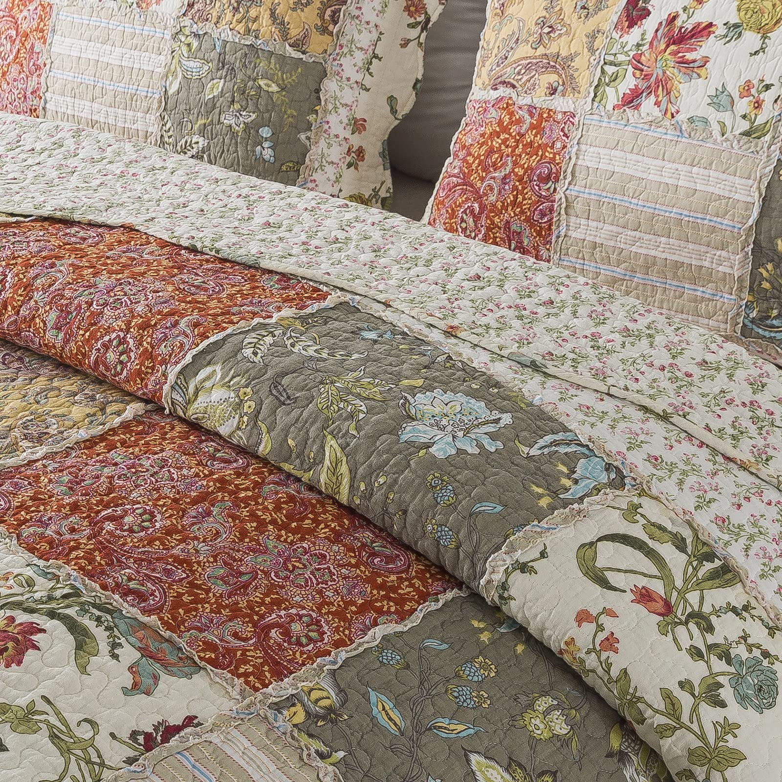 WannaToo Cotton Bedspread Quilt Set for All Season, Beige Patchwork, Queen