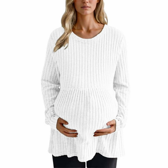 Miluxas Women's Fashionable Maternity Clothing Waist Pleated Solid Color Knitted Sweater Winter Pullover Top White XL(XL)