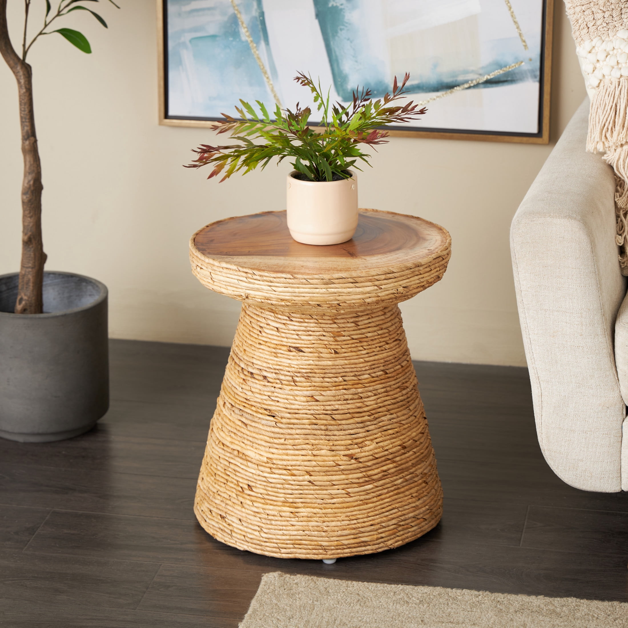DecMode 16" x 19" Brown Banana Leaf Handmade Woven Accent Table with Wooden Tabletop, 1-Piece