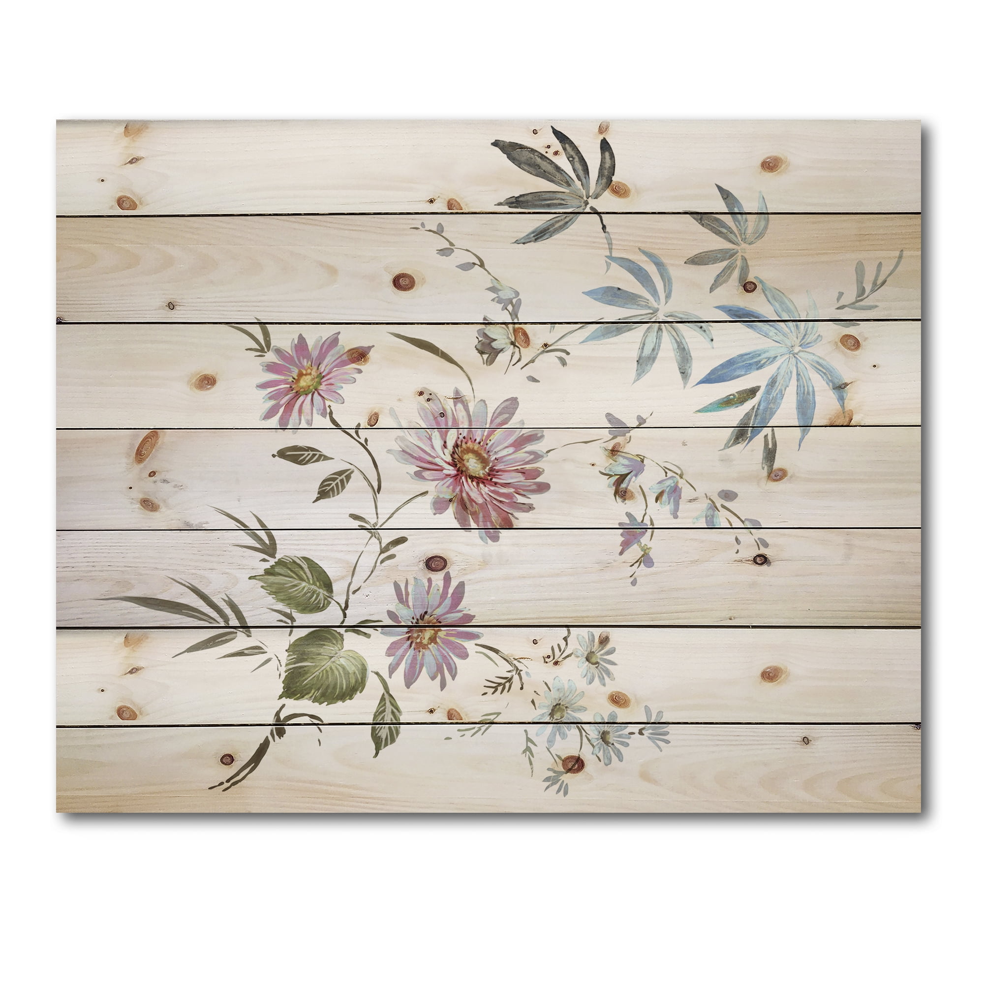 Designart 'Pink and Blue Wildflowers I' Traditional Print on Natural Pine Wood