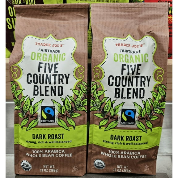 Trader Joe’s Organic Five Country Blend Dark Roast Whole Bean Coffee 13oz 369g (2 Bags)