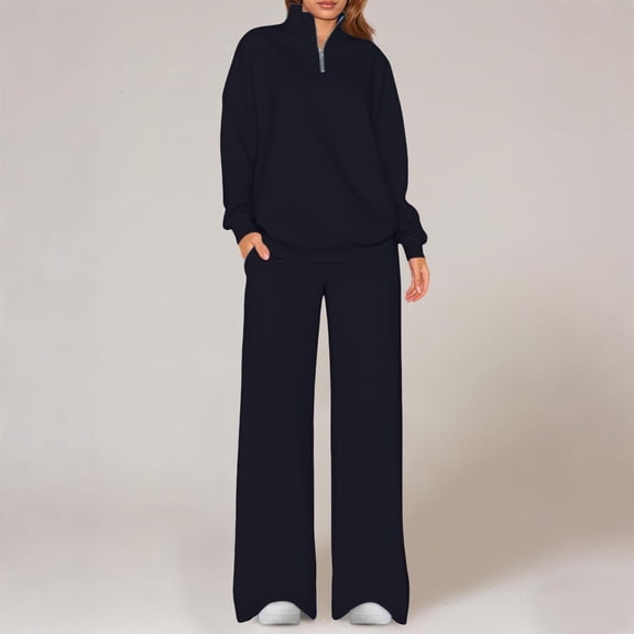 ClodeEU Womens 2 Piece ,High Collar Sweatshirts Sets Matching Wide Leg Elastic Waist Sports Pants With Pockets Black,Womens Plus L
