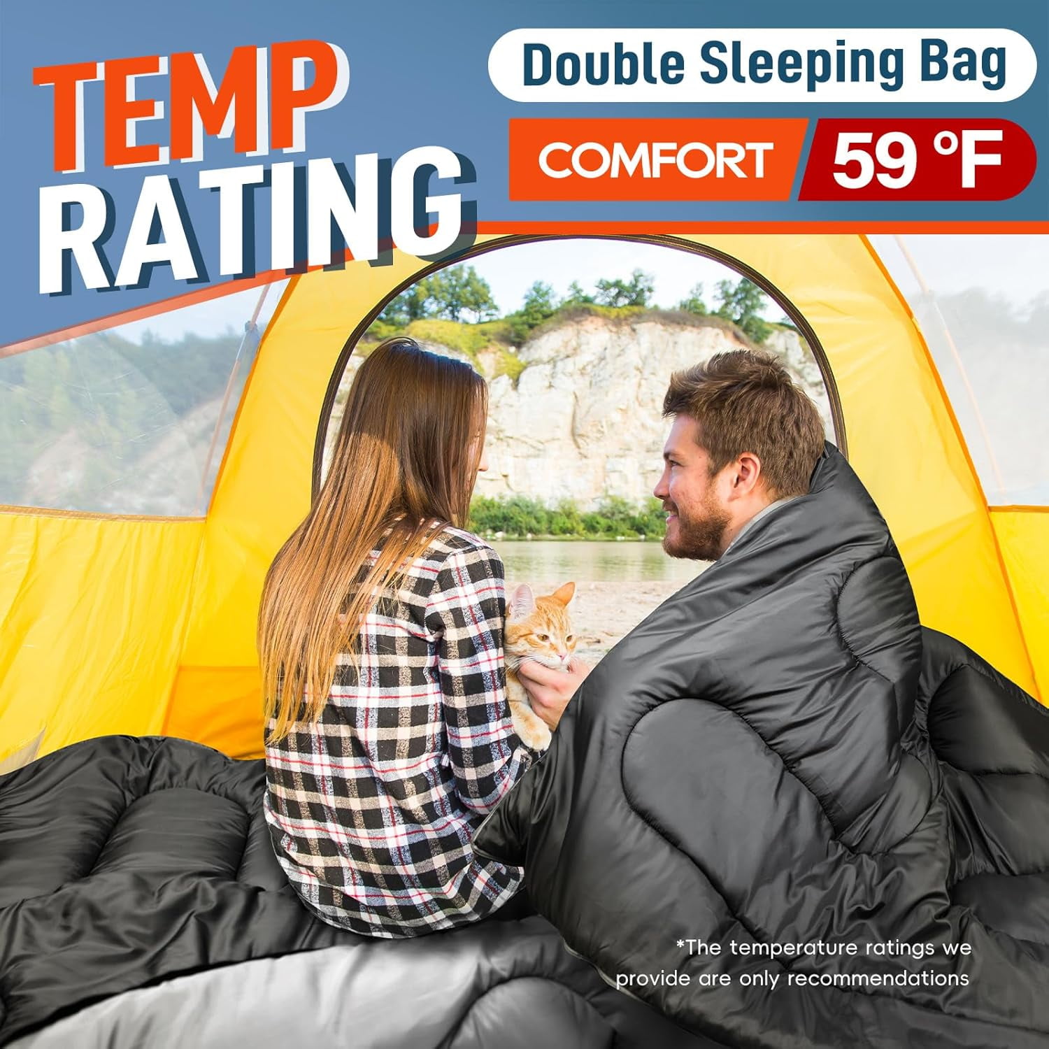 Double Sleeping Bag for Adults Mens with Pillow, XL Queen Size Two Person Sleeping Bag for All Season Camping Hiking Backpacking 2 Person Sleeping Bags for Cold Weather & Warm