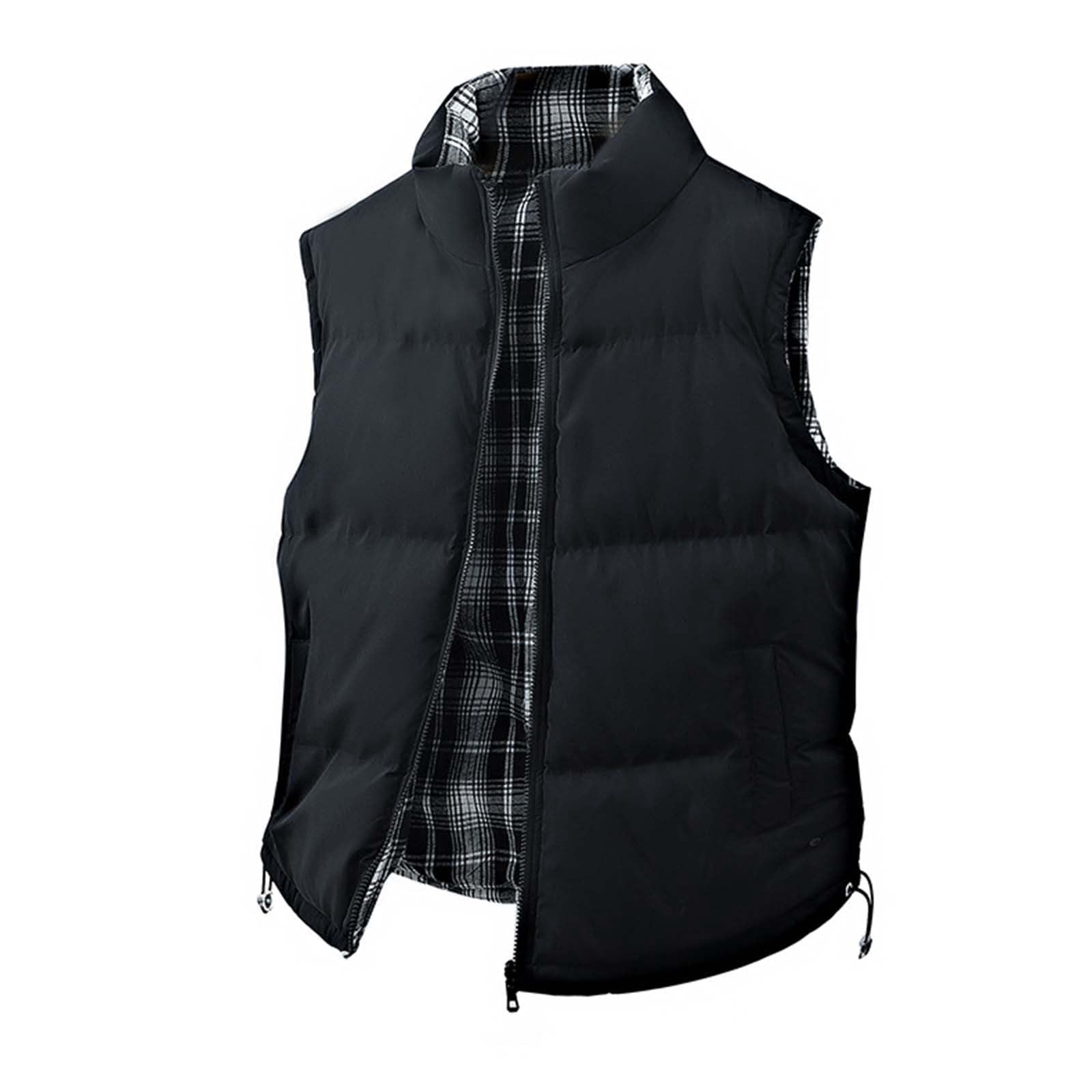 TrdSipl Men's Checkered Double-Sided Vest Sleeveless Stand-Up Collar Zip Waistcoat Outdoor Thermal Ski Vest for Hiking Travel Golf