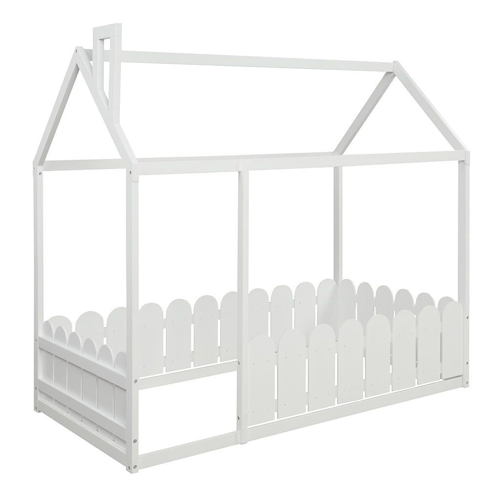 Hommoo Twin Size Wood Bed, House Bed Frame with Fence for Kids, Teens, Girls, Boys (White)