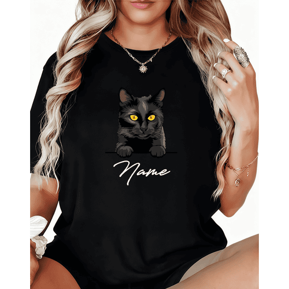 Personalized Black Cat Name Graphic Tees Print Tshirt Women Shirts Black S-5XL Cotton Casual Tops