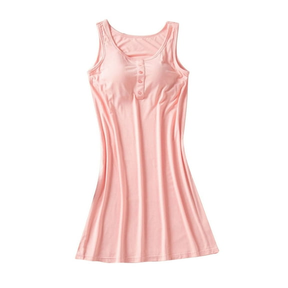 Wdfiry Women Nightgowns Solid Color Button Down Sleeveless Tank Pajama Dress Modal Casual Homewear Nightdress with Chest Cushion