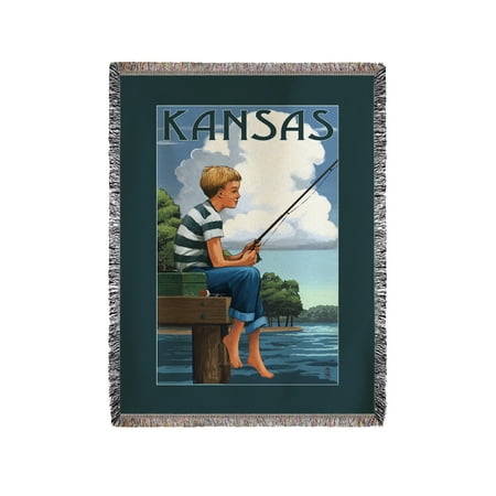 Kansas - Boy Fishing - Lantern Press Artwork (60x80 Woven Chenille Yarn