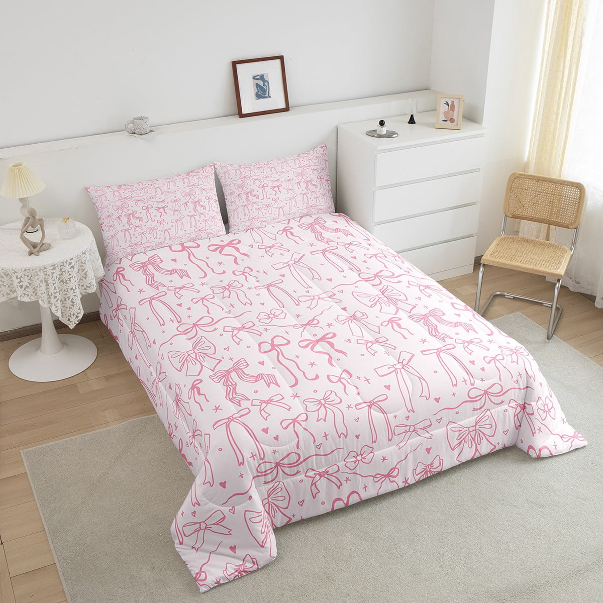 Pink Bowknot Comforter Set Twin Size,Princess Bedding Sets,Cartoon Bow Tie Butterfly Knot Quilt Set Bow Stars Love Pink Sweet Girly Duvet Insert Teens Woman Room Decor 2Pcs