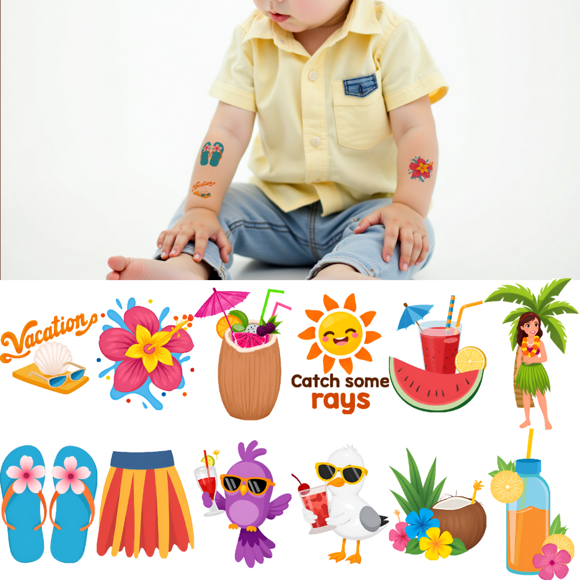 54 Temporary Tattoo Stickers Waterproof Long Lasting Body Stickers Hawaiian Beach Coconut Tree Ice Cream Swimming Ring Kids Boys Girls Tattoo Stickers Arm Forearm Shoulder Cheek