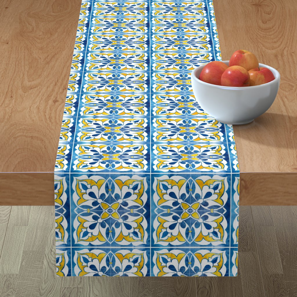 Table Runner Spanish Tile Folk Blue, Spanish Tile Table