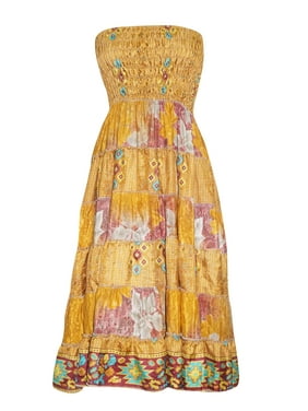 Mogul Women Beach Dress Yellow Smocked Bodice Printed Patchwork Skirt M