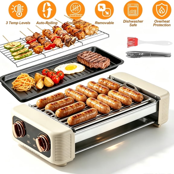 OhhGo Electric Smokeless Grill with Hot Dog Roller, 3 in 1 Non-Stick Hot Pot, BBQ Grill and Sausage Roller Machine Indoor Outdoor with Removable Stand Grilling for Cooking BBQ Party