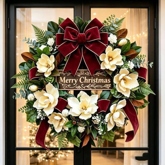 Christmas Wreath for Front Door, 22 Inch Artificial Magnolia Wreath with Large Red Bow, Classic Christmas Decor for Home, Window, Wall, Porch, Indoor Outdoor Holiday Decorations