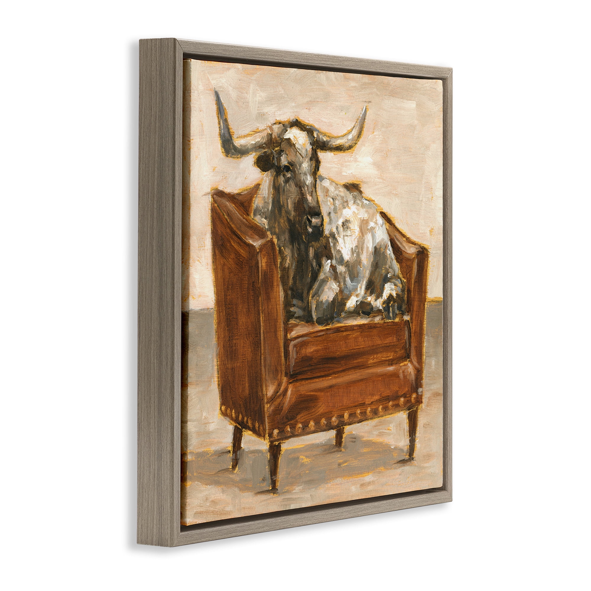 Stupell Industries Brown Bull Resting in Chair Painting Animals & Insects Painting Brown Floater Framed Canvas Art Print Wall Art, 18 x 18
