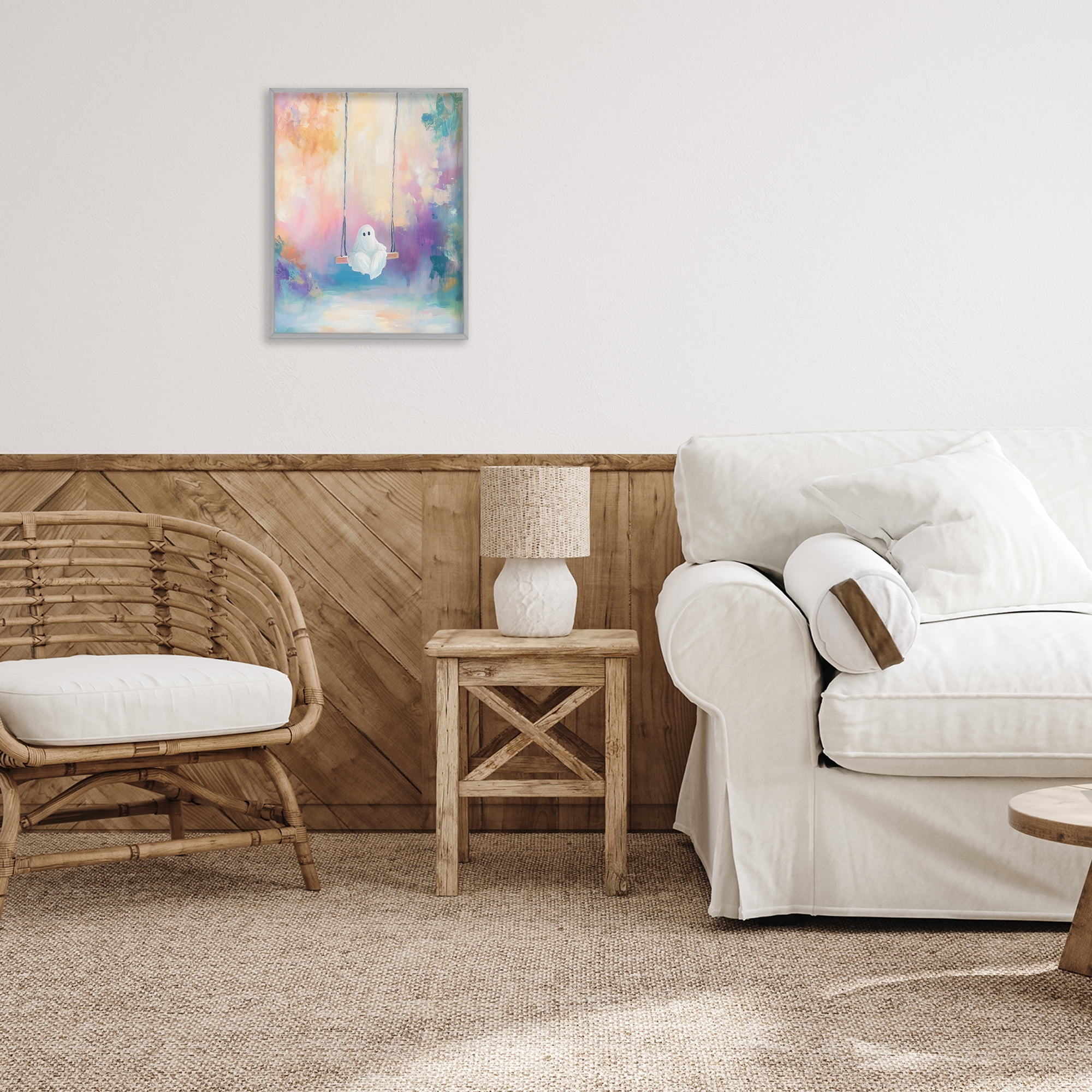 Stupell Industries Watercolor Ghost on Swing Gray Framed Giclee Art, design by The Prints Vibe