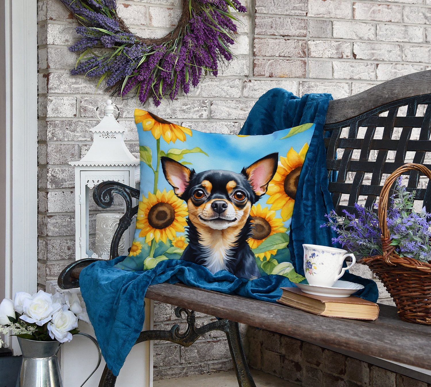 Chihuahua in Sunflowers Throw Pillow 18 in x 18 in